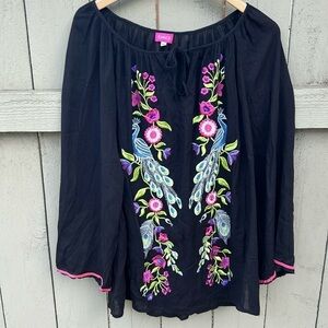 Ranee's Bohemian Embroidered Blouse With Peacocks and Flowers Beach Hippie Vibes